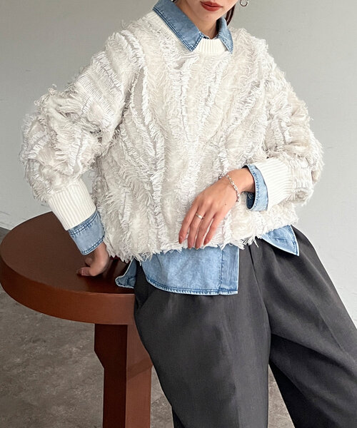 Chez toi（シェトワ）の「フリンジシャギニットプルオーバー（ニット/セーター・レディース・キャメル/ブラック/オフホワイト・FREE）」の5枚目の写真