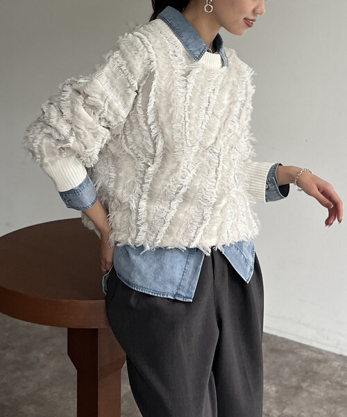 Chez toi（シェトワ）の「フリンジシャギニットプルオーバー（ニット/セーター・レディース・キャメル/ブラック/オフホワイト・FREE）」の6枚目の写真