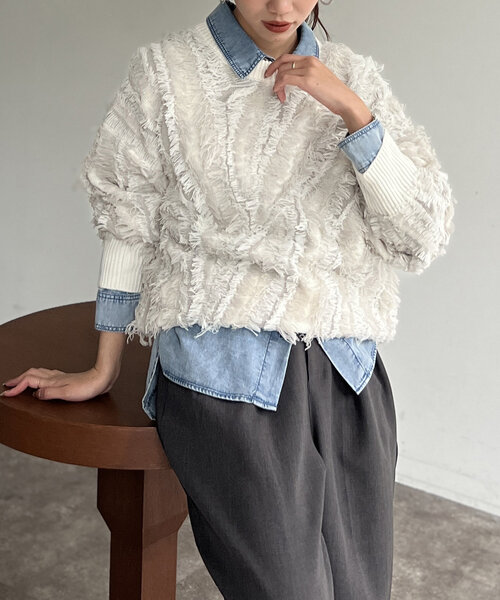 Chez toi（シェトワ）の「フリンジシャギニットプルオーバー（ニット/セーター・レディース・キャメル/ブラック/オフホワイト・FREE）」の7枚目の写真