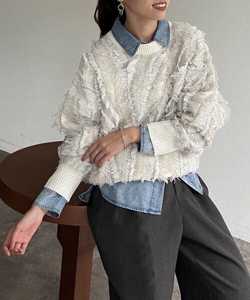 Chez toi（シェトワ）の「フリンジシャギニットプルオーバー（ニット/セーター・レディース・キャメル/ブラック/オフホワイト・FREE）」の8枚目の写真