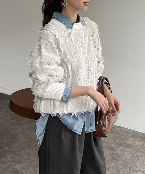 Chez toi（シェトワ）の「フリンジシャギニットプルオーバー（ニット/セーター・レディース・キャメル/ブラック/オフホワイト・FREE）」の9枚目の写真