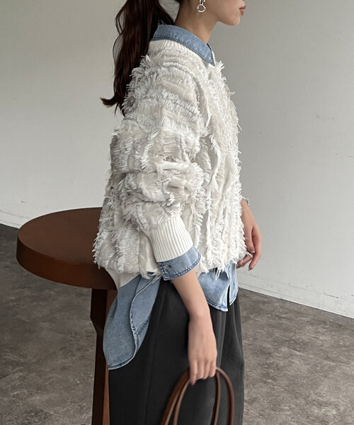 Chez toi（シェトワ）の「フリンジシャギニットプルオーバー（ニット/セーター・レディース・キャメル/ブラック/オフホワイト・FREE）」の10枚目の写真