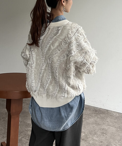 Chez toi（シェトワ）の「フリンジシャギニットプルオーバー（ニット/セーター・レディース・キャメル/ブラック/オフホワイト・FREE）」の12枚目の写真