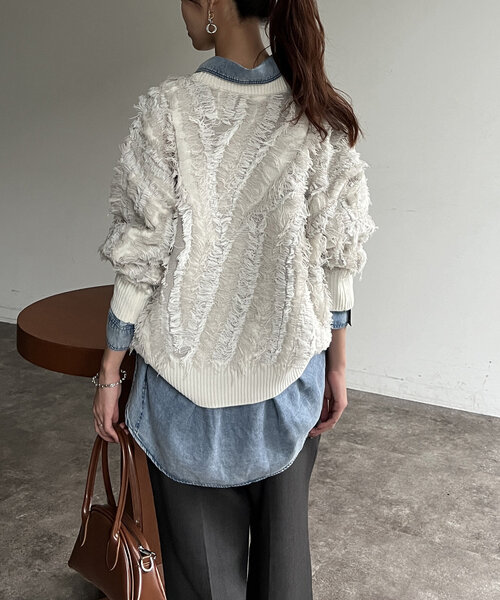 Chez toi（シェトワ）の「フリンジシャギニットプルオーバー（ニット/セーター・レディース・キャメル/ブラック/オフホワイト・FREE）」の13枚目の写真