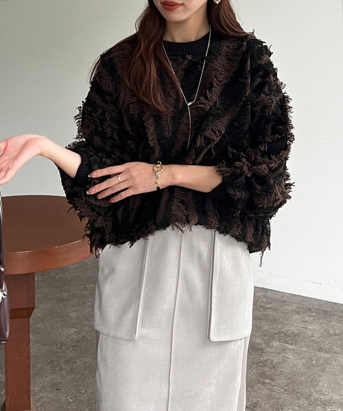 Chez toi（シェトワ）の「フリンジシャギニットプルオーバー（ニット/セーター・レディース・キャメル/ブラック/オフホワイト・FREE）」の16枚目の写真