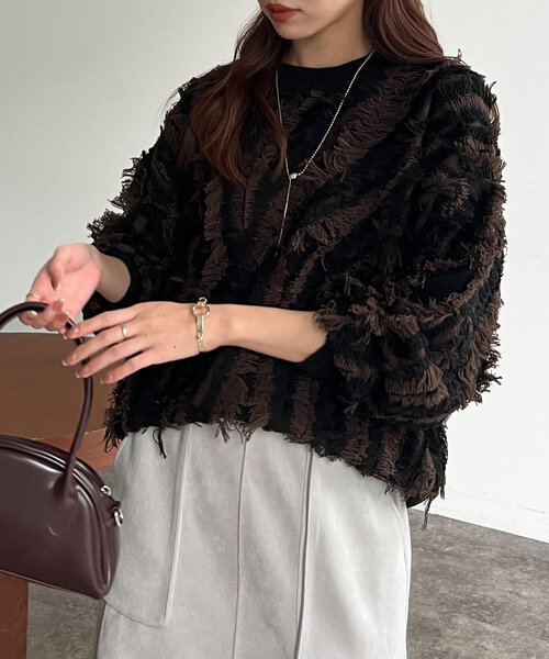 Chez toi（シェトワ）の「フリンジシャギニットプルオーバー（ニット/セーター・レディース・キャメル/ブラック/オフホワイト・FREE）」の17枚目の写真