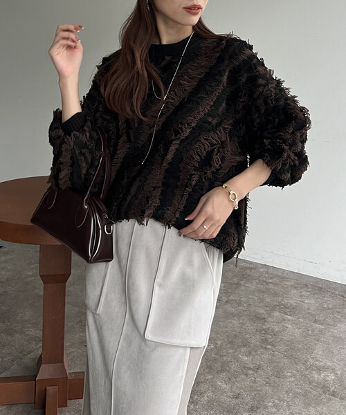 Chez toi（シェトワ）の「フリンジシャギニットプルオーバー（ニット/セーター・レディース・キャメル/ブラック/オフホワイト・FREE）」の18枚目の写真