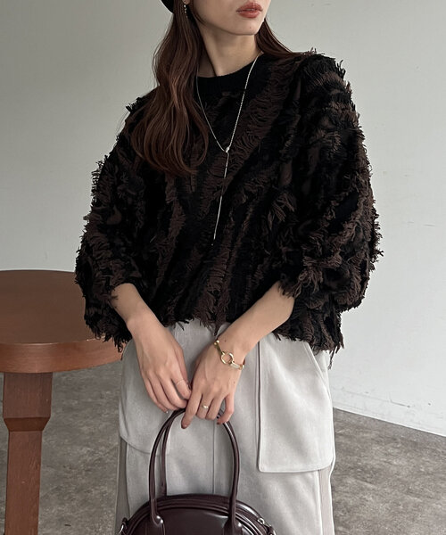 Chez toi（シェトワ）の「フリンジシャギニットプルオーバー（ニット/セーター・レディース・キャメル/ブラック/オフホワイト・FREE）」の19枚目の写真