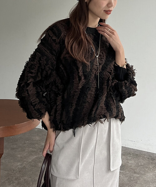 Chez toi（シェトワ）の「フリンジシャギニットプルオーバー（ニット/セーター・レディース・キャメル/ブラック/オフホワイト・FREE）」の20枚目の写真