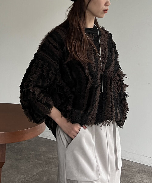 Chez toi（シェトワ）の「フリンジシャギニットプルオーバー（ニット/セーター・レディース・キャメル/ブラック/オフホワイト・FREE）」の21枚目の写真