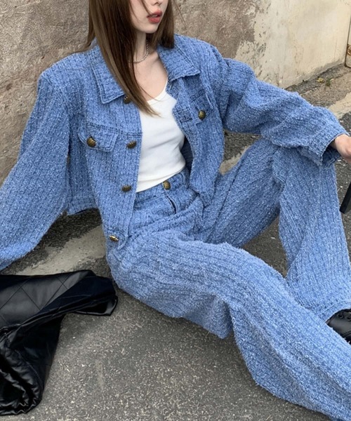 セール】上下セット デニムジャケット/ハイウエストルーズパンツ