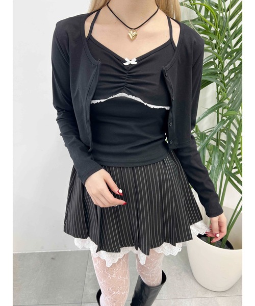 PHILLY（フィリー）の「【2点セット】リボンキャミセットカーディガン（カーディガン/ボレロ・レディース・グレー/ブラック/ホワイト・FREE）」の4枚目の写真