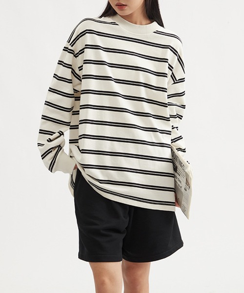 SUWDEE(スーディー)の「double stripe mock neck pullover(Tシャツ/カットソー・レディース・ブラック/ホワイト・S/M/L)」の3枚目の写真