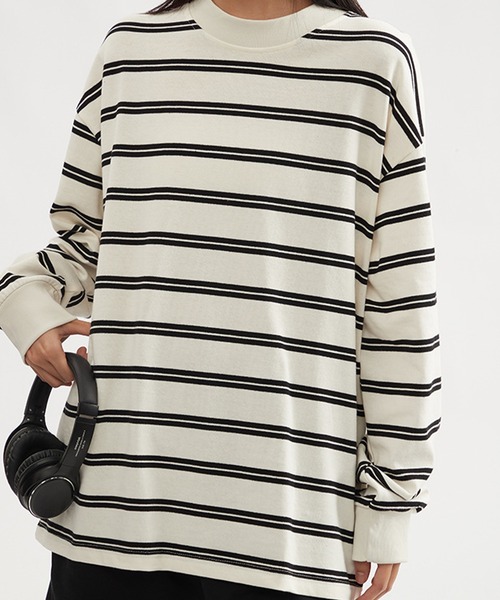 SUWDEE(スーディー)の「double stripe mock neck pullover(Tシャツ/カットソー・レディース・ブラック/ホワイト・S/M/L)」の6枚目の写真