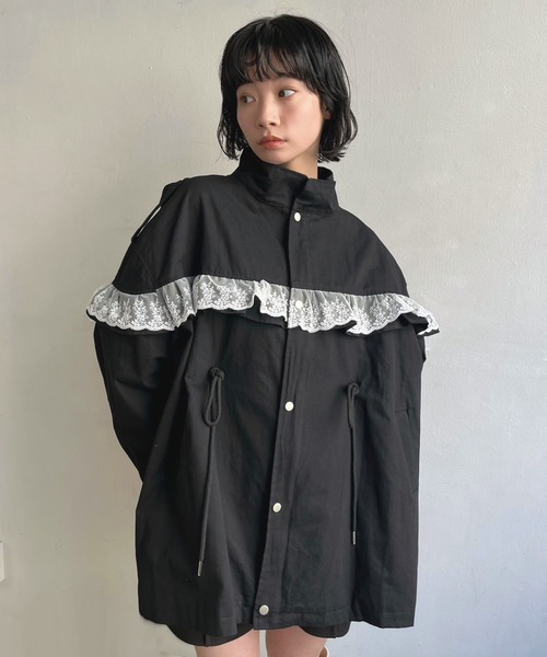 Jewelobe（ジュエローブ）の「レースフリルルーズモッズブルゾン（ブルゾン・レディース・カーキ/ブラック・FREE）」の7枚目の写真