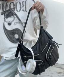 シルバーファスナー使いビンテージ風ショルダーバッグ