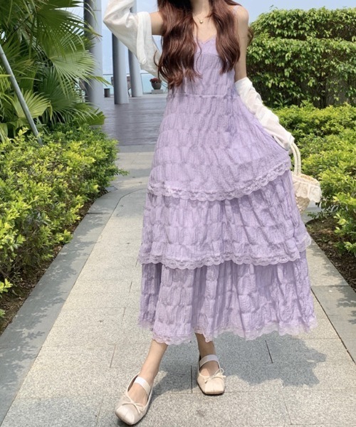 Mejoul（メジュール）の「レースティアードロングキャミワンピース（シャツワンピース・レディース・ブラック/パープル/ホワイト・L/M）」の3枚目の写真
