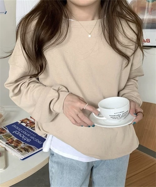 FREE STYLISTS(フリー スタイリスト)の「ゆったりサイズロングスリーブTシャツ(Tシャツ/カットソー・レディース・カーキ/パープル/マスタード/オレンジ/グリーン・FREE)」の1枚目の写真