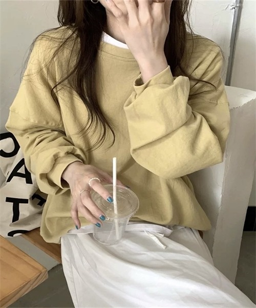FREE STYLISTS(フリー スタイリスト)の「ゆったりサイズロングスリーブTシャツ(Tシャツ/カットソー・レディース・カーキ/パープル/マスタード/オレンジ/グリーン・FREE)」の4枚目の写真