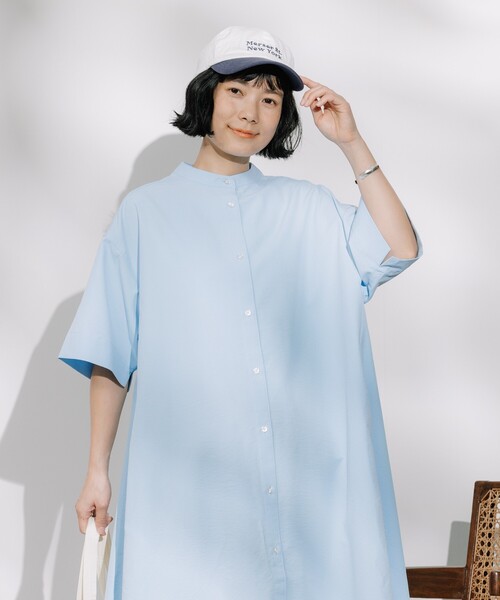 セール】マオカラー ショートスリーブフレアワンピース（シャツ