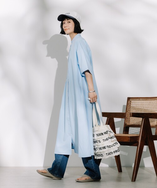 FREAK'S STORE（フリークスストア）の「マオカラー ショートスリーブフレアワンピース（シャツワンピース・レディース・ブラック/ブルー/ホワイト/ベージュ・ﾌﾘ-）」の5枚目の写真