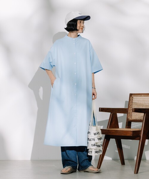 FREAK'S STORE（フリークスストア）の「マオカラー ショートスリーブフレアワンピース（シャツワンピース・レディース・ブラック/ブルー/ホワイト/ベージュ・ﾌﾘ-）」の7枚目の写真