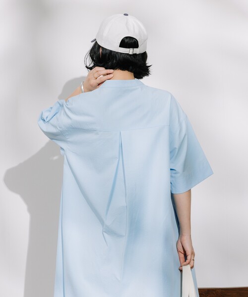 FREAK'S STORE（フリークスストア）の「マオカラー ショートスリーブフレアワンピース（シャツワンピース・レディース・ブラック/ブルー/ホワイト/ベージュ・ﾌﾘ-）」の9枚目の写真