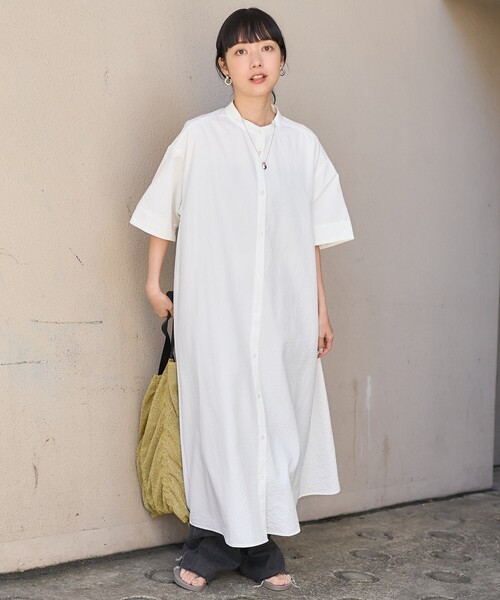 セール】マオカラー ショートスリーブフレアワンピース（シャツ