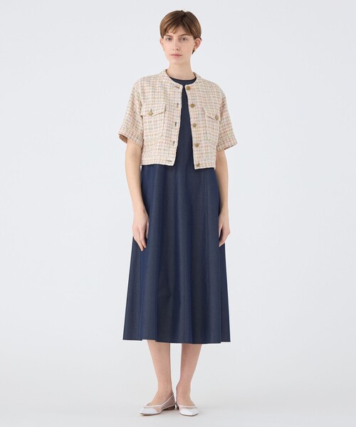 ベージュファンシー ハーフスリーブジャケット（ノーカラージャケット