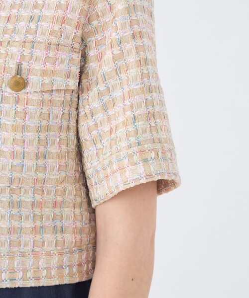 ベージュファンシー ハーフスリーブジャケット（ノーカラージャケット