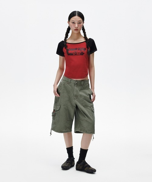 MAHAGRID(マハグリッド)の「『mahagrid/マハグリッド』 OFF SHOULDER RAGLAN TEE /オフショルダー ラグラン 半袖Tシャツ(Tシャツ/カットソー・レディース・カーキ/レッド・FREE)」の9枚目の写真
