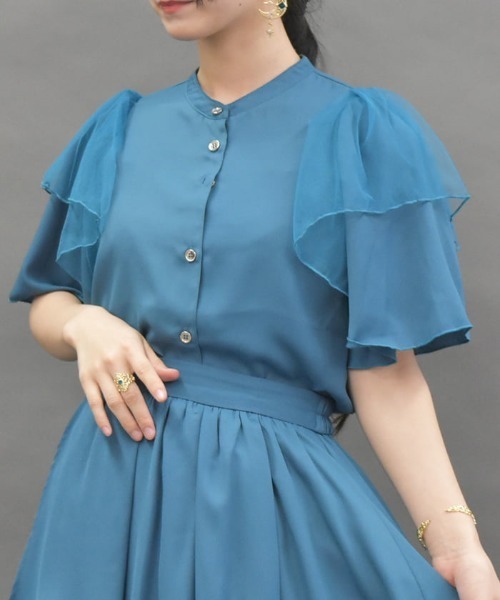 axes femme POETIQUE(アクシーズファムポエティック)の「フリル袖半袖ブラウス(シャツ/ブラウス・レディース・ブルーグリーン/ホワイト/ブラック・MEDIUM)」の1枚目の写真