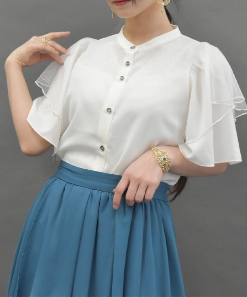 axes femme POETIQUE(アクシーズファムポエティック)の「フリル袖半袖ブラウス(シャツ/ブラウス・レディース・ブルーグリーン/ホワイト/ブラック・MEDIUM)」の4枚目の写真
