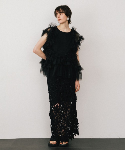 LA BELLE ETUDE（ラベルエチュード）の「ボリュームチュール×カットソーデザインチュニック（Tシャツ/カットソー・レディース・ホワイト/ブラック/カーキ・FREE）」の5枚目の写真