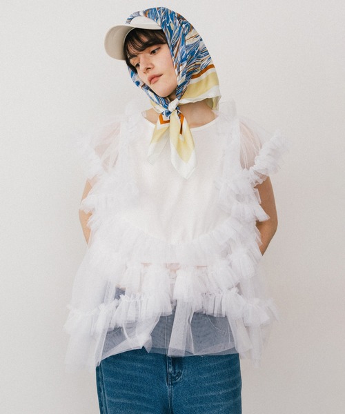 LA BELLE ETUDE（ラベルエチュード）の「ボリュームチュール×カットソーデザインチュニック（Tシャツ/カットソー・レディース・ホワイト/ブラック/カーキ・FREE）」の8枚目の写真