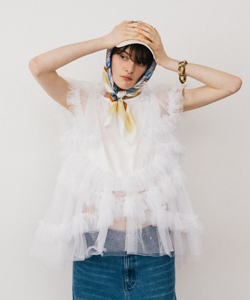 LA BELLE ETUDE（ラベルエチュード）の「ボリュームチュール×カットソーデザインチュニック（Tシャツ/カットソー・レディース・ホワイト/ブラック/カーキ・FREE）」の10枚目の写真