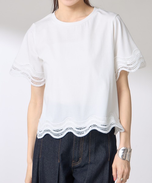 &. NOSTALGIA(アンドドットノスタルジア)の「【ZOZO限定】ヘムレースTシャツ(接触冷感・UVカット)(Tシャツ/カットソー・レディース・ブラック/ホワイト/チャコールグレー・M)」の1枚目の写真