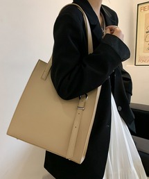 ソリッドカラー レザー調 スクエア スマート トートバッグ