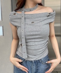 tシャツ オフショル×チョーカーデザインニットトップス レディース tシャツ チョーカー付きフロントZIPトップス レディース