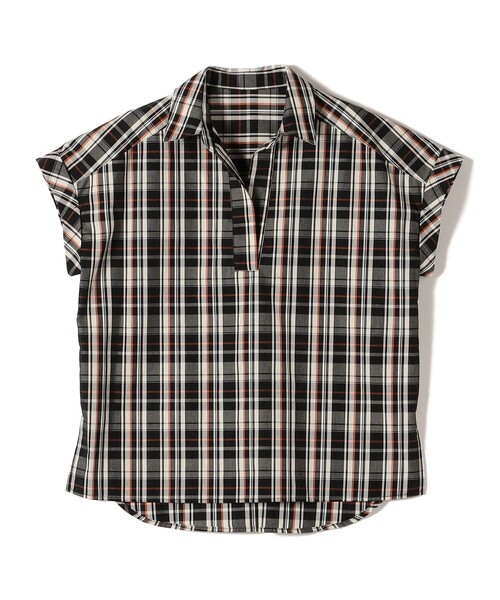 innowave:〈手洗い可能〉TC チェック スキッパー フレンチスリーブ