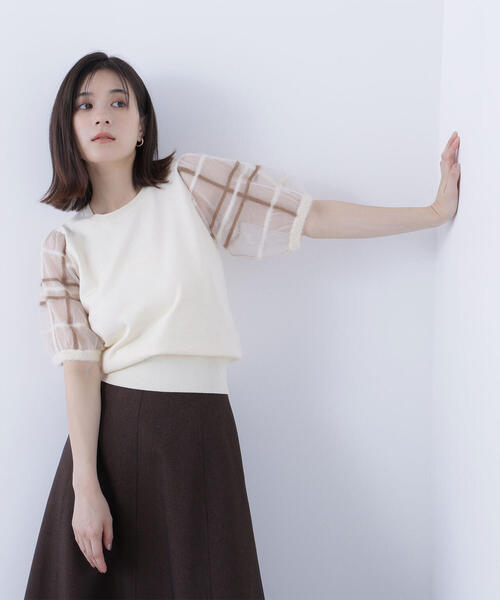 ◇【WEB限定商品】シアーチェックスリーブニット（ニット