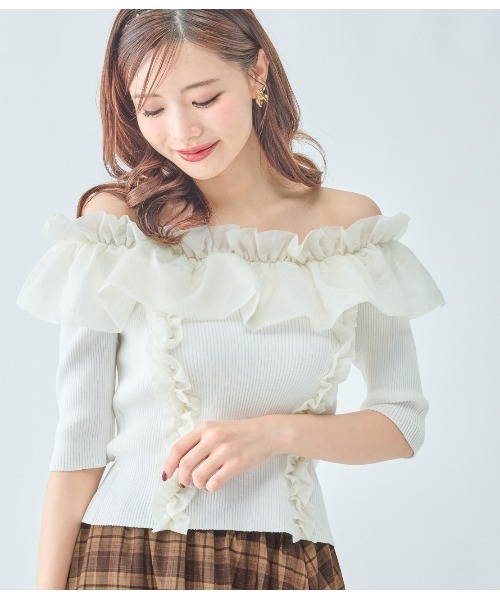 PEACH JOHN（ピーチジョン）の「フリルコンビニットトップス（ニット/セーター・レディース・ブラック/アイボリー/ピンク・ONE SIZE）」の2枚目の写真