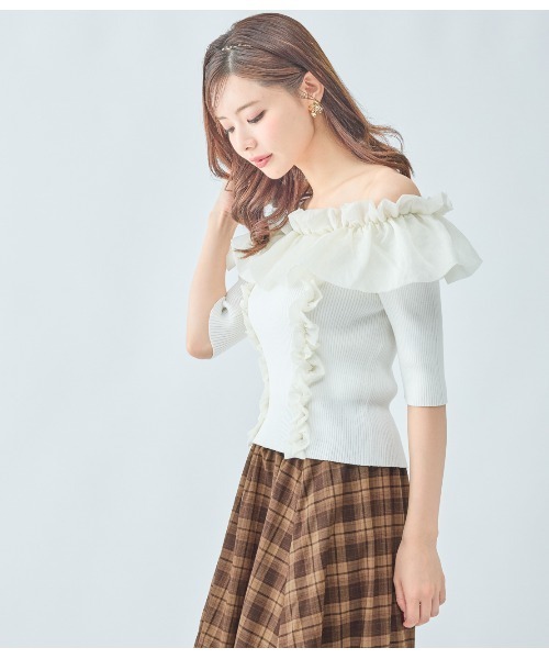 PEACH JOHN（ピーチジョン）の「フリルコンビニットトップス（ニット/セーター・レディース・ブラック/アイボリー/ピンク・ONE SIZE）」の6枚目の写真