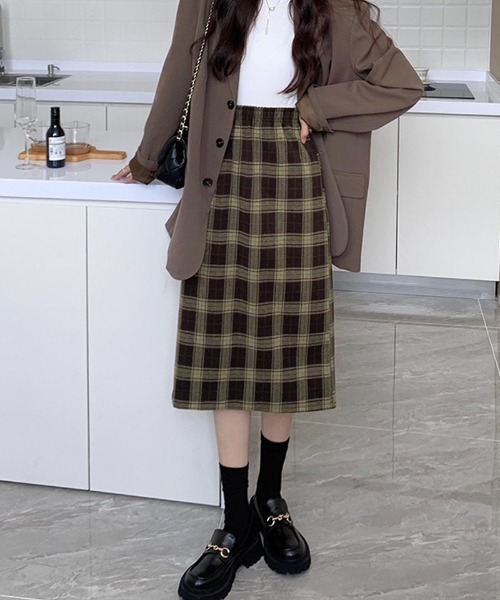 shoppinggo(ショッピングゴー)の「チェッ格子柄 Aラインスカートレデイーズ ミディアム 膝丈 スリットチェックスカート(スカート・レディース・ブラック/ブラウン・M)」の14枚目の写真