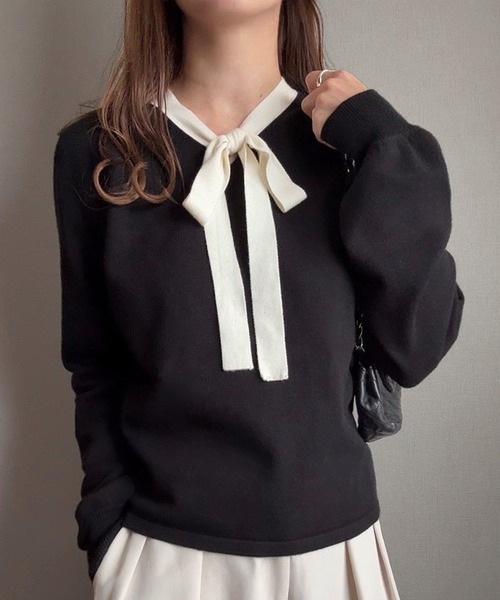 junoah(ジュノア)の「リボンボウタイニットトップス(ニット/セーター・レディース・チャコール/アイボリー/ブラック・LARGE/MEDIUM)」の5枚目の写真