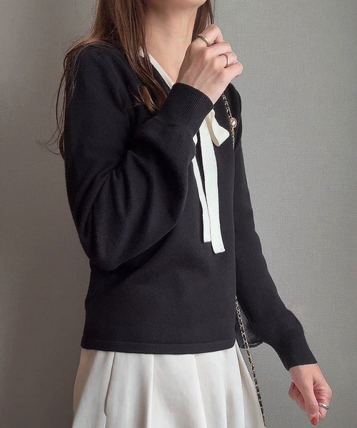 junoah(ジュノア)の「リボンボウタイニットトップス(ニット/セーター・レディース・チャコール/アイボリー/ブラック・LARGE/MEDIUM)」の6枚目の写真