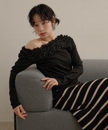 frill neck one shoulder tops /フリルネックワンショルダー長袖カットトップス