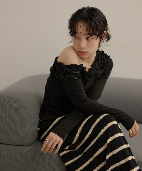 LAULEN(ローレン)の「frill neck one shoulder tops /フリルネックワンショルダー長袖カットトップス(Tシャツ/カットソー・レディース・グレー/アイボリー/ブラック・FREE)」の15枚目の写真