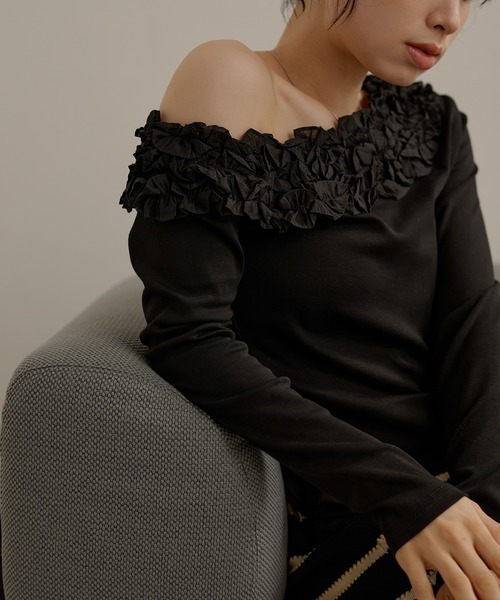 LAULEN(ローレン)の「frill neck one shoulder tops /フリルネックワンショルダー長袖カットトップス(Tシャツ/カットソー・レディース・グレー/アイボリー/ブラック・FREE)」の18枚目の写真