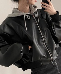 lilful | フード付き PUショート丈ジップパーカー ジャケット(ブルゾン)